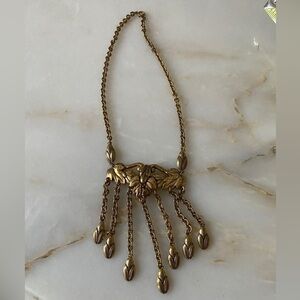 Vintage Costume Gold Toned Corn Fringe Necklace with Floral Trim